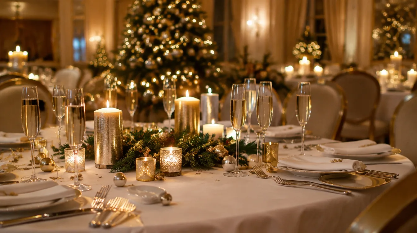 A festive New Year dinner table with candles and champagne glasses in a banquet hall