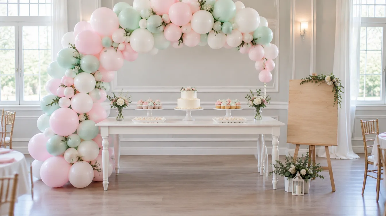 A pastel balloon arch and a first birthday cake table in a bright hall A pastel balloon arch and a first birthday cake table in a bright hall